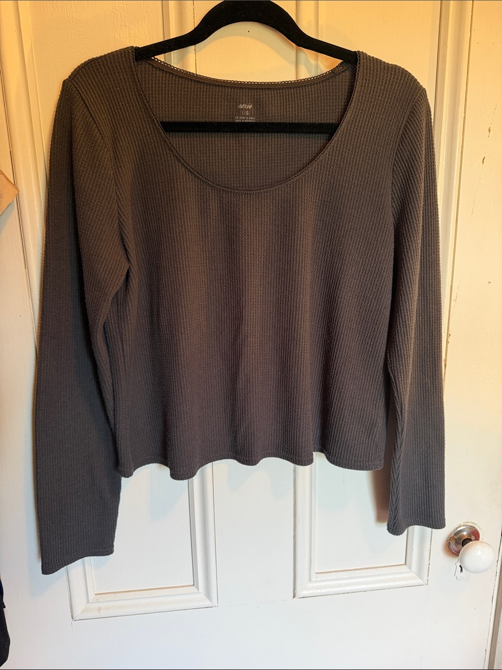 aerie Waffle Knit Scoop Neck Long Sleeve Top - Charcoal